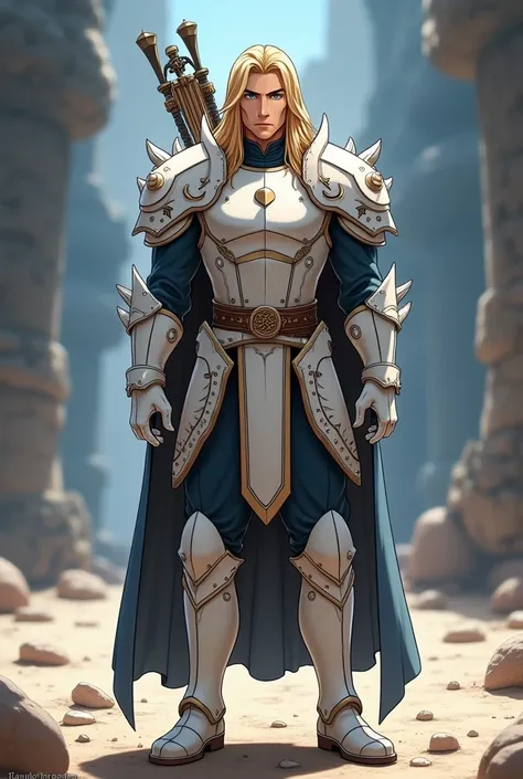 Animated soldier, male number 1, blue eyes, long golden hair, upright, straight face, wearing armor in the shape of a dragon, white dragon booths, white, bow, mobile