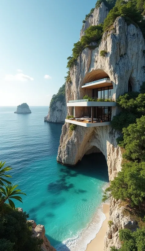  Imagine a beautiful modern villa carved into the rock in the cliff high above the sea, Below it is located high on a large tropical beach, The villa has a panoramic elevator to go down to the beach, The villa has a small private port,  perfect details, 12...