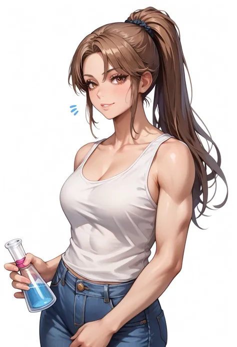 ((White background )) (Curve:1.1) rathing_questionable ,((1girl)) , (solo girl), (Long brown hair with a ponytail), makeup, (brown eyes:1.2), (blush:0.3), Age 30 years (Russian girl) (white tank top:1.4)) (Long jeans) ,tall, long sexy legs, ((thin:0.8)) , ...