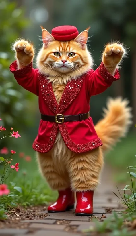 An extremely furry yellow cat ,   with her briefcases raised in a dance form  ,  She wears a red designer costume with lots of sparkles  ,  A red hat on her head and we're wearing a red boot on her feet ,   in the background is a verdant yard with plants a...