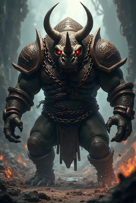 RHINOCEROS DEMON ANIME WEARING ARMOR, AGGRESSIVE RED EYES, TORSO CLASPED WITH IRON CHAINS