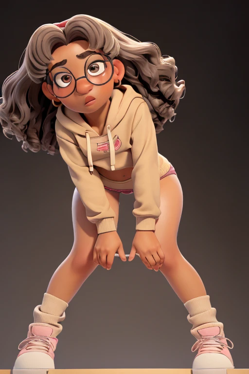 ((1girl, curly brown and gray hair, glasses with round frames, dark eyebrows, brown eyes, pink lips, white crop top hoodie, 
red laced panties , golden earrings, slight frown, brown skin, thick thighs)), 

stockings, solo, alone, (leaning slightly forward)...