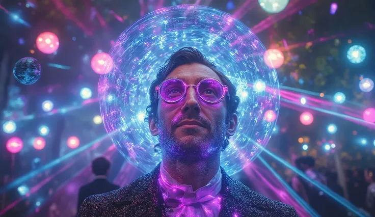 A close-up of a man in a Victorian suit with a glowing, retrofuturistic monocle, his face alive with joy as he spins under the dazzling lights of the rave. His eyes are locked in an ecstatic trance, illuminated by vibrant laser beams that cut through the m...