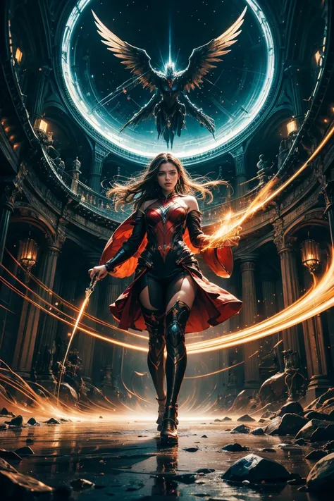 Full body image ((full body view)), "Scarlet Witch" stands with outstretched hands, holding a glowing quill that radiates vibrant, abstract lines, transforming into streams of light and geometric shapes. Behind them, a surreal landscape shifts from dark, c...