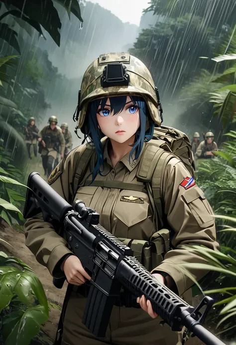  high quality、 high image quality、 highdefinition images、8K Full HD、 anime style、wallpaper、A  is wearing a realistic modern American military uniform:1.3、 Gold、 blue eyes、 Assault Rifle、1 girl wearing a camouflage helmet 、Small Hill、 rain is falling、Should...