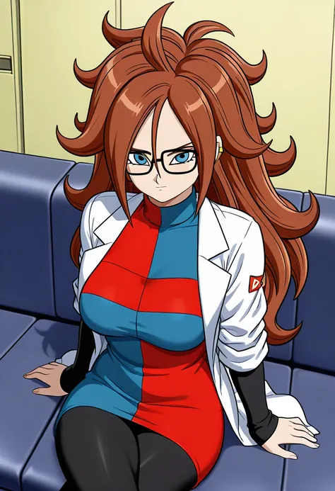 android21, android 21, blue eyes, brown hair, glasses, long hair, very long hair, black-framed eyewear, serious face, little smile, close mouth, black sleeves, checkered clothes, checkered dress, detached sleeves, dress, lab coat, turtleneck, indoors, Blac...