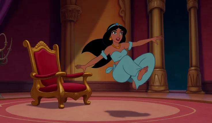 Princess Jasmine is in the throne room at the Agrabah Palace. Suddenly, a whirlwind of wind rushes into the room and lifts Princess Jasmine into the air. Powerful gusts of wind easily lift the frightened Jasmine to the ceiling. Princess Jasmine, frightened...