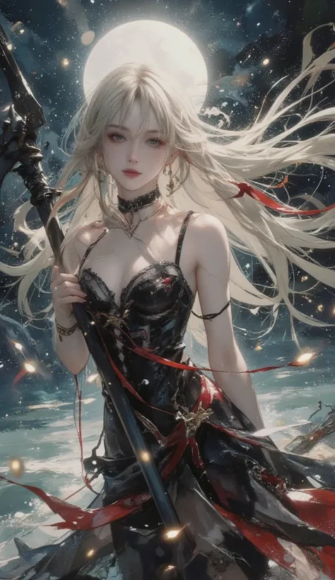 Jackson Pollock,style of Yoshitaka Amano,A broodingly oiran grim reaper,standing on a sparkling lake,Light droplets floating in the air,Whole body, water color,oiran Vampire bright beauty contrasting with the ethereal glow surrounding her: flowing beutiful...