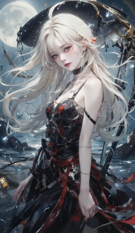 Jackson Pollock,style of Yoshitaka Amano,A broodingly oiran grim reaper,standing on a sparkling lake,Light droplets floating in the air,Whole body, water color,oiran Vampire bright beauty contrasting with the ethereal glow surrounding her: flowing beutiful...