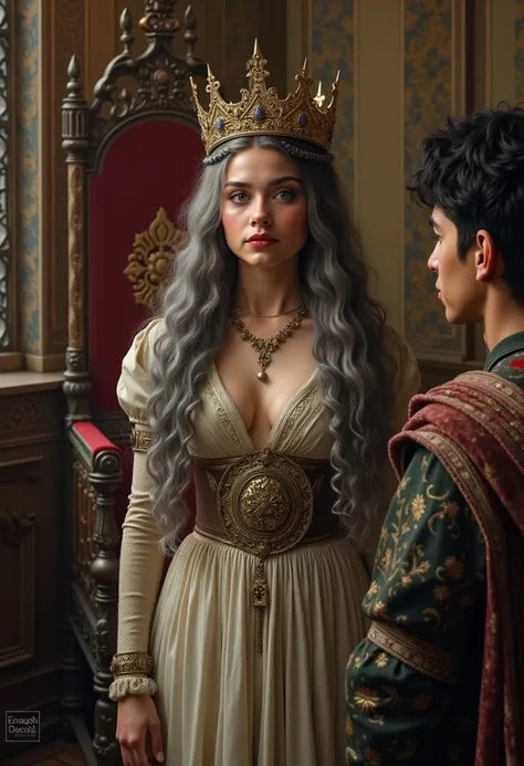 Picture of a beautiful still very young looking Selena Gomez as a viking woman warrior she is 50 years old with long curly gray hair and hazel eyes, wearing a crown as the queen standing in a English throne room wearing a English queen dress she is standin...