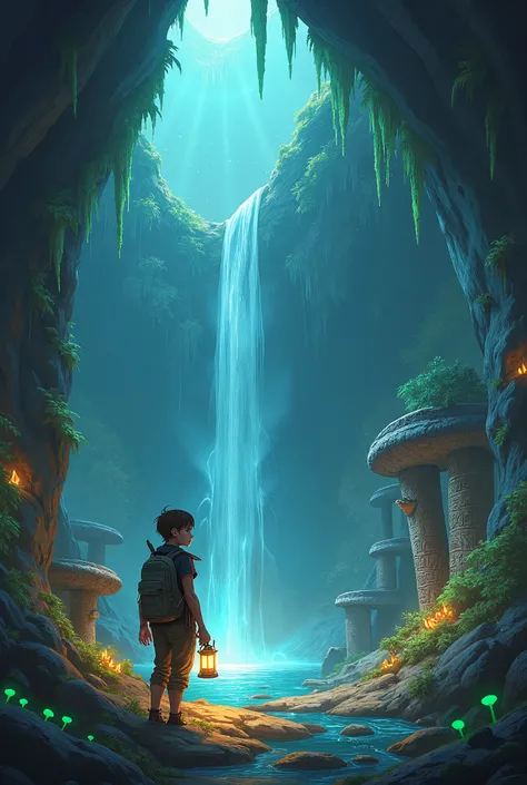 a vast underground world, featuring glowing bioluminescent fungi and mysterious crystalline formations. A lone adventurer stands in the center of the scene, wearing a rugged explorer outfit with a lantern in hand. The character has short brown hair, pierci...