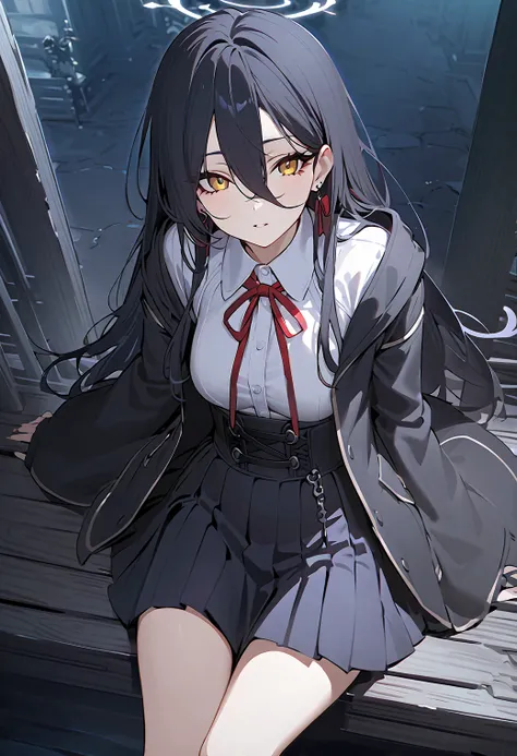 ( score_9, score_8_ up the side, score_7_ up the side, )， Masterpiece,  in the seat, Sword Halo , Hunter \(Bloodborne\),  above Decorati has , kha _one,hair between eyes,long hair,yellow eyes,black hair, black gloves,earrings，black jacket, black skirt, col...