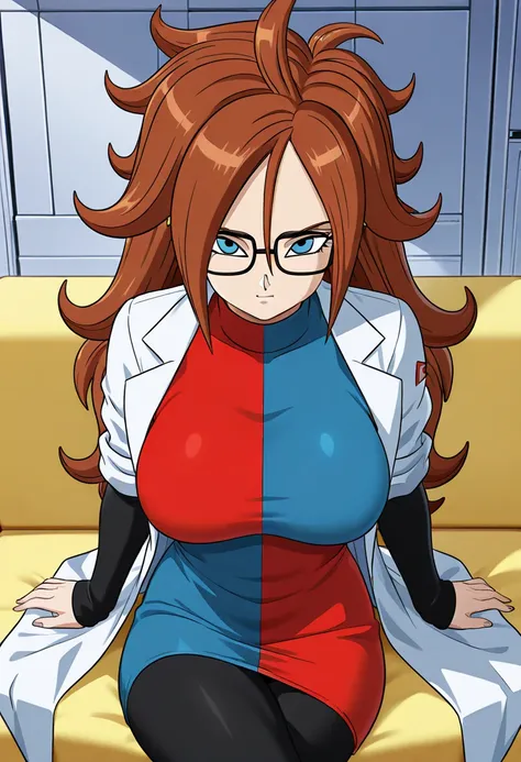 android21, android 21, blue eyes, brown hair, glasses, long hair, very long hair, black-framed eyewear, serious face, little smile, close mouth, black sleeves, checkered clothes, checkered dress, detached sleeves, dress, lab coat, turtleneck, indoors, Blac...