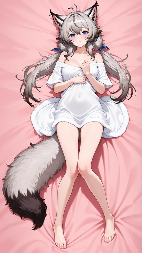 Waifu lynx, HD model, with ,with a fluffy tail , long grey hair, with clothes, dakimakura 