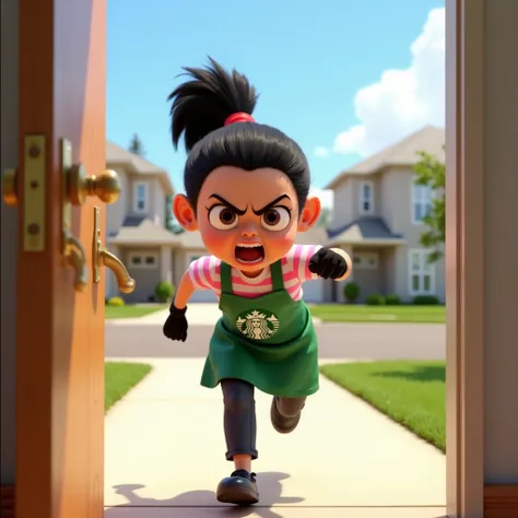 "A 3D animated character with exaggerated cartoonish features, resembling a young girl with black hair tied up in a high ponytail with a red band. She has an angry and determined expression with furrowed brows and an open mouth as if shouting. She is weari...