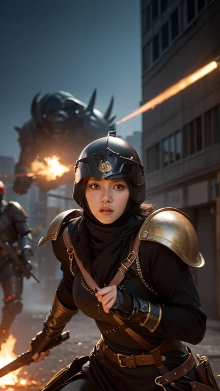 6 beautiful and graceful hijab girls use modern armor in gold and predominantly black.  carrying weapons  ,  with a black star logo on the chest of the harness , seen fighting surrounded by monsters ,  using a combat helmet ,His black and red body looks am...