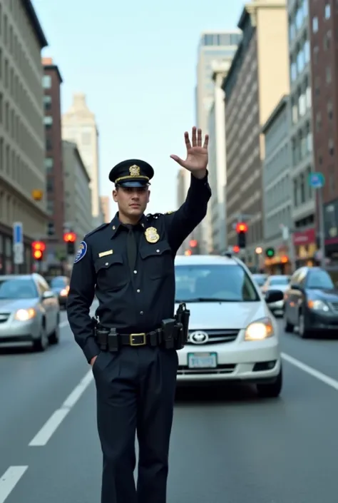 A city street, with a traffic police officer standing on the road. He is wearing a uniform and cap and is raising one hand to signal for a car to stop. His face shows a clear expression of surprise and disappointment. A small car in front is speeding along...