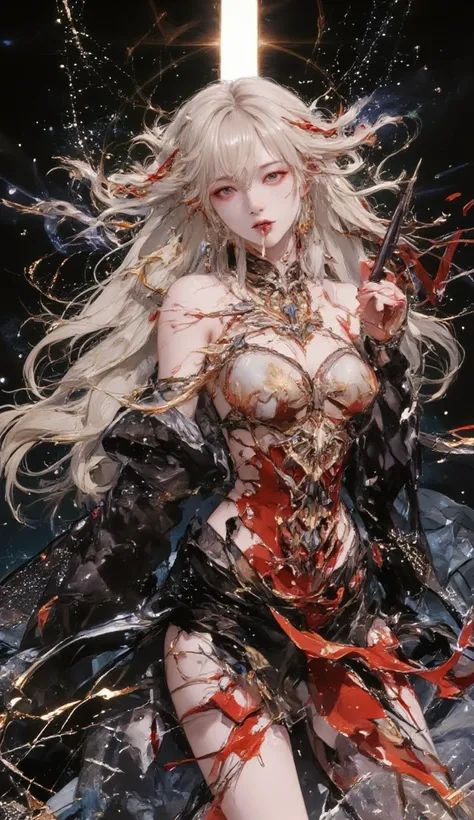 Jackson Pollock,style of Yoshitaka Amano,A broodingly oiran grim reaper,standing on a sparkling lake,Light droplets floating in the air,Whole body, water color,oiran Vampire bright beauty contrasting with the ethereal glow surrounding her: flowing beutiful...