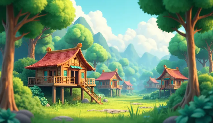 The landscape of the stilt houses in Northwest Vietnam features stilt houses, trees, and grassy areas, in a 3D chibi cartoon style.