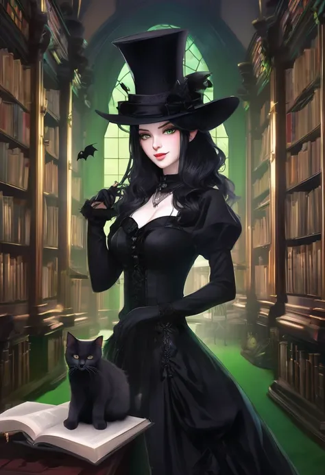 Female 30s, anime, pale skin, black hair up, green eyes, wearing top hat and black dress, in castle library, surrounded by cats and bats, fashionable dark witch, gothic girl, 8k high quality detailed art, fantasy art, wlop style, gothic art style, wlop and...