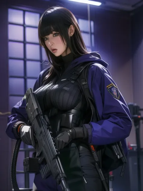   replace 、Amazing Details、  ultra high resolution、（  realism ：1.4）、（（close：0.75））、 for 1 woman is extremely condensed、  beautiful delicate face 、 Expiration Ratio、  Refine target group  、  big breasted ）、 brown hair、（Purple Tech Suit）、（Cyborg Vs....    po...