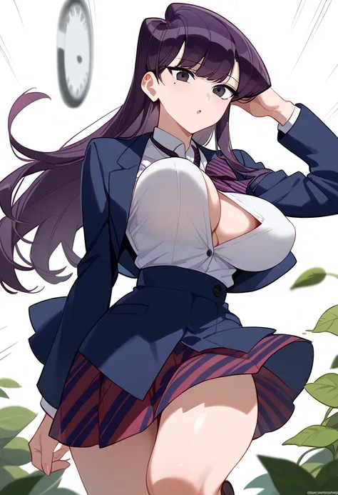  Komi Shouko,  big breasts,  long hair,  purple hair,  black eyes , mole,  school uniform, skirt　 undress,show　GOOD.shiflybutton , button jumped , flying button ,  lush breasts ,  Emphasis lines, GOOD,  big breasts,  dress code , misaligned breasts,  bounc...