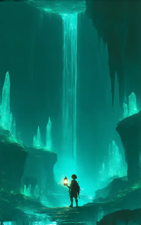 a vast underground world, featuring glowing bioluminescent fungi and mysterious crystalline formations. A lone adventurer stands in the center of the scene, wearing a rugged explorer outfit with a lantern in hand. The character has short brown hair, pierci...