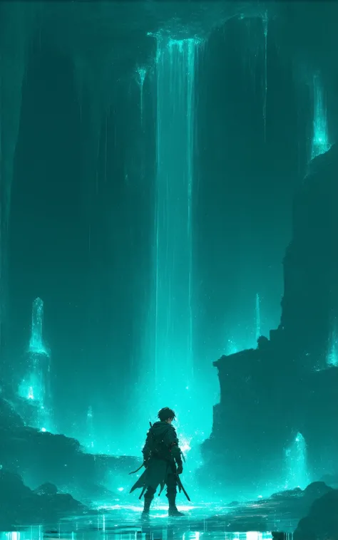 a vast underground world, featuring glowing bioluminescent fungi and mysterious crystalline formations. A lone adventurer stands in the center of the scene, wearing a rugged explorer outfit with a lantern in hand. The character has short brown hair, pierci...