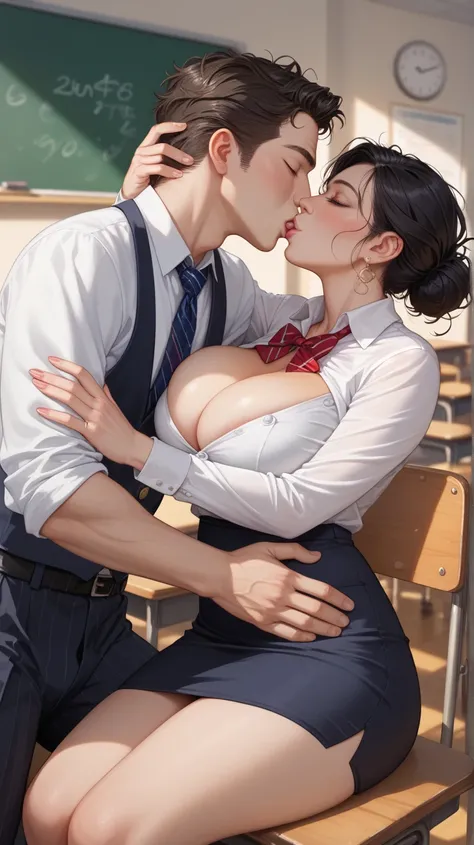 1man and 1woman, in a classroom, corner spot, kissing, lying on the teacher's desk
man is an 18 year old young student, in a simple uniform, with messy tie and messy hair
woman is a teacher, old mature milf, black hair in a messy bun, wearing sexy spectacl...