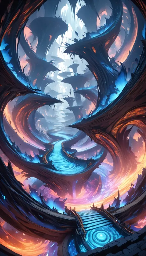 ultra high resolution, A three-dimensional underground labyrinth, beautiful complex, ultra-high detailed, break (complex underworld Realm:1.37, high quality:1.27), from above, dynamic motion, Phantasmal iridescent fantasy, sharp glow, shining, complex und...
