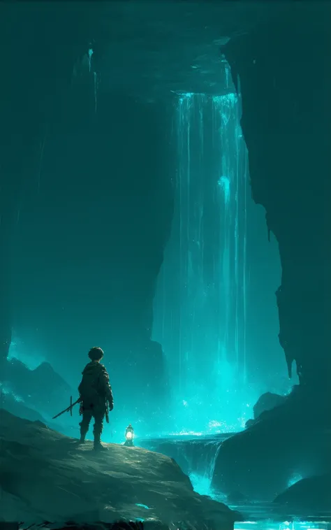 a vast underground world, featuring glowing bioluminescent fungi and mysterious crystalline formations. A lone adventurer stands in the center of the scene, wearing a rugged explorer outfit with a lantern in hand. The character has short brown hair, pierci...