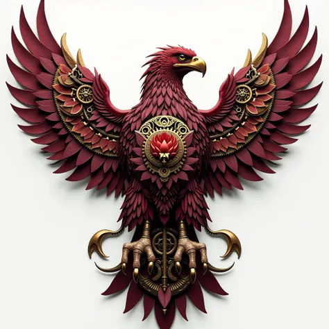 No background, a majestic eagle's body is intricately constructed from gears, cogs, and metallic pinions, evoking a steampunk aesthetic. The eagle's feathers are replaced with delicate, intertwining lotus flowers in shades of rich burgundy #E13C63, which a...