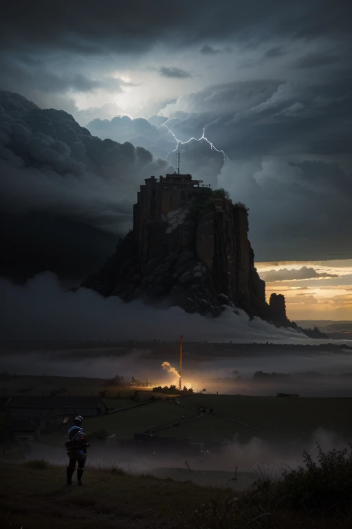 "A grand battle scene in the Land of Dawn, where fierce warriors fight under a sky filled with both light and dark forces clashing. In the foreground, a knight with shining armor faces off against a dark sorcerer wielding ominous magic. The atmosphere is t...