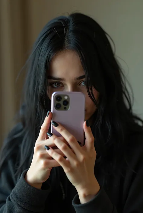 Photo of an 18-year-old girl,  in front of the mirror, hiding your face with your cell phone, Slightly Gothic by Babydoll . her hair is long, seeds, Black and she has an eyebrow piercing on the right side. 