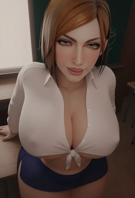 score_9, score_8_up, score_8, score_9, 1girl, kugisaki nobara, big lashes, eye liner, solo , teacher, crop top, white shirt, tied shirt, classroom, provocative face, naughty face, smile, huge breasts, smile, very big breasts, big lips,  smile, blushing, te...