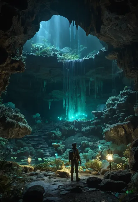 a vast underground world, featuring glowing bioluminescent fungi and mysterious crystalline formations. A lone adventurer stands in the center of the scene, wearing a rugged explorer outfit with a lantern in hand. The character has short brown hair, pierci...