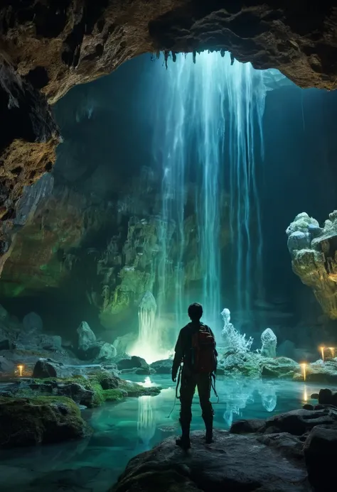 a vast underground world, featuring glowing bioluminescent fungi and mysterious crystalline formations. A lone adventurer stands in the center of the scene, wearing a rugged explorer outfit with a lantern in hand. The character has short brown hair, pierci...