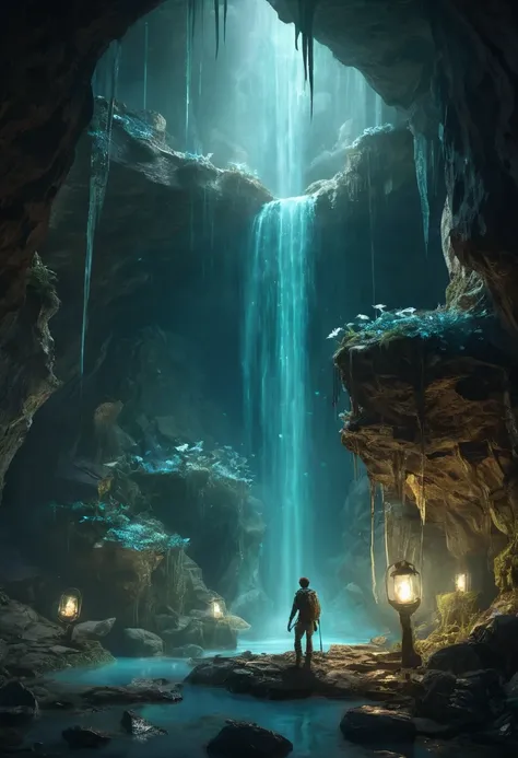 a vast underground world, featuring glowing bioluminescent fungi and mysterious crystalline formations. A lone adventurer stands in the center of the scene, wearing a rugged explorer outfit with a lantern in hand. The character has short brown hair, pierci...