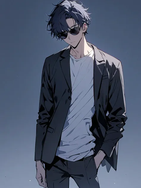 handsome, solo, 1male, (short hair), black hair with dark blue hair tips, ((black sunglasses, sunglasses covered eyes), blue eyes), (white shirt, black jacket), black pant, cowboy shot, full body, looking at viewer, simple background, perfect composition