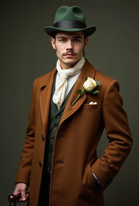 A young man who is looking dandy and well groomed. Hie hair are sleek and shiny and he is also wearing a side burns. He has a thin moustache. He is wearing a brown over coat with a cream coloured half opened rose in his button hole. He is also wearing a gr...