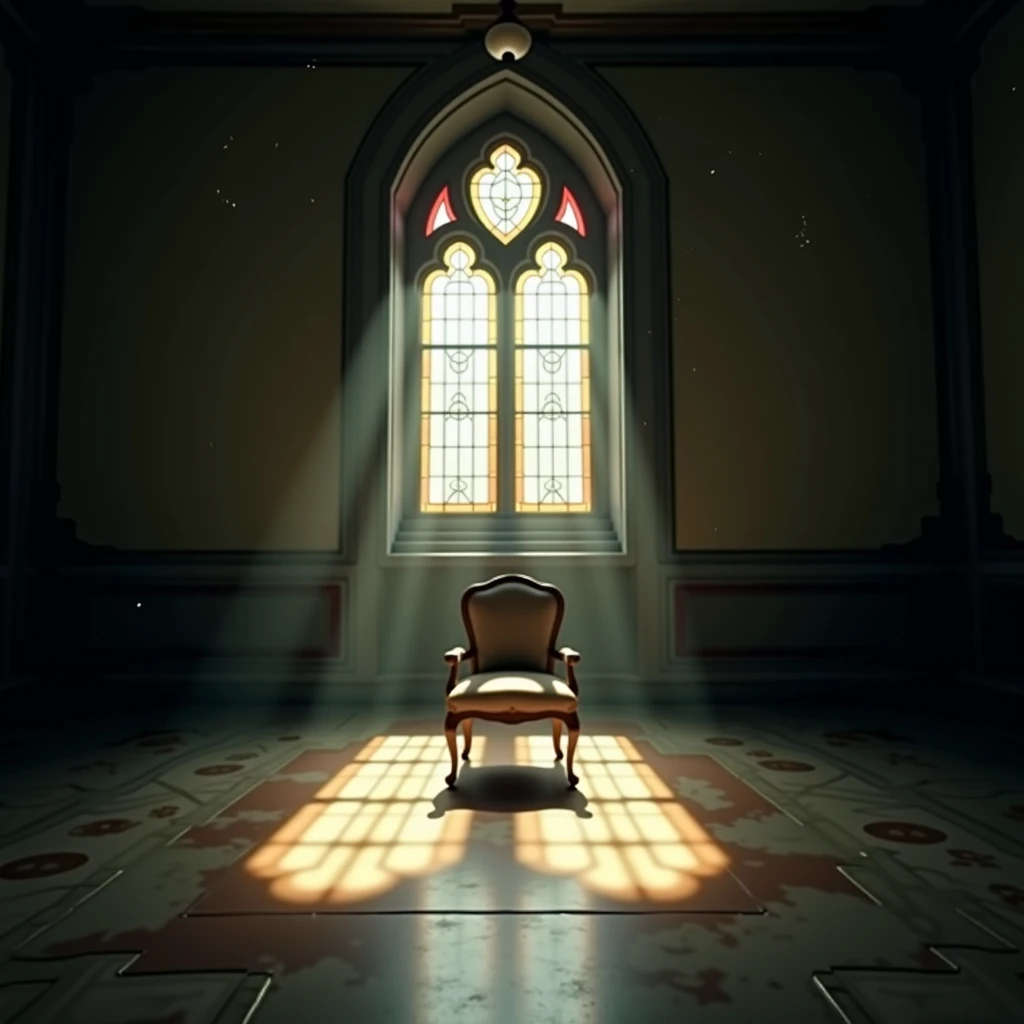 Create an image that the focus is not on the literal triangle of infidelity but on the emotion associated with it: loneliness and isolation. Visualize an empty, ornate room. Light filters in through a stained glass window, casting colored patterns on the f...