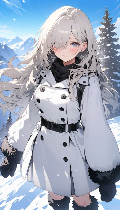 1girl, solo, long hair, breasts, looking at viewer, blush, long sleeves, closed mouth, jewelry, standing, full body, white hair, outdoors, earrings, black gloves, day, black footwear, white dress, hair over one eye, scarf, blue sky, grey eyes, fur trim, bu...