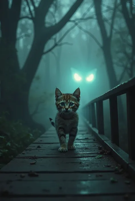 A small, scared kitten walking alone on a narrow wooden bridge in a dark enchanted forest. The kitten’s fur is slightly ruffled, and its big eyes reflect fear and determination. The bridge looks old and fragile, with mist rising from below. Strange glowing...