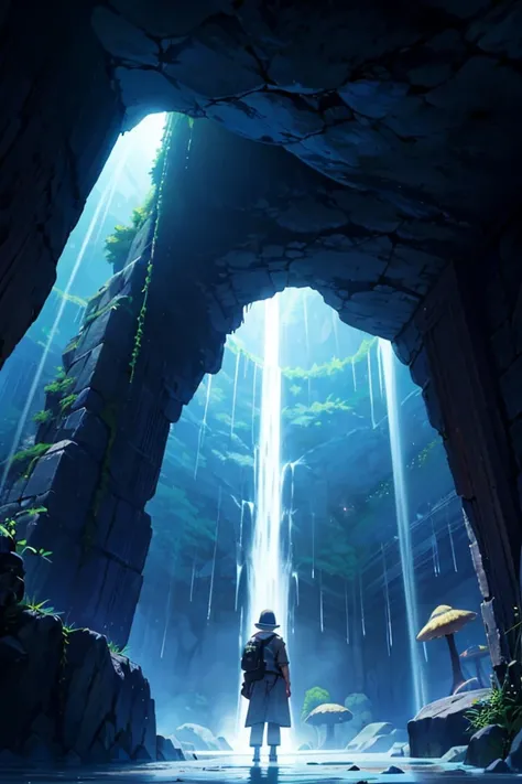 a vast underground world, featuring glowing bioluminescent fungi and mysterious crystalline formations. A lone adventurer stands in the center of the scene, wearing a rugged explorer outfit with a lantern in hand. The character has short brown hair, pierci...