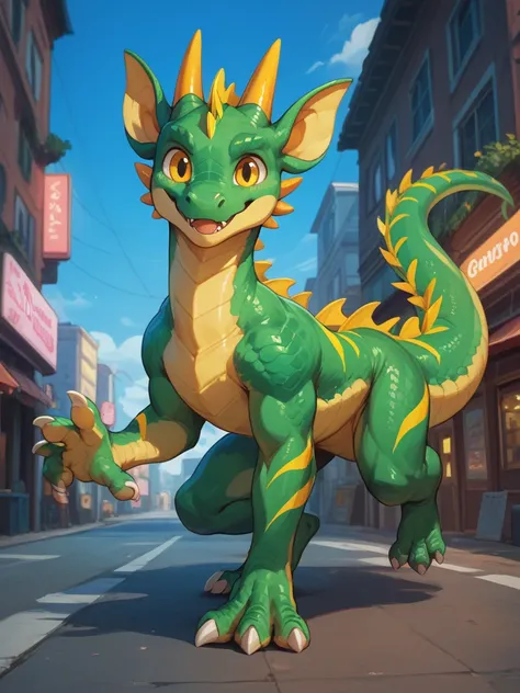 Solo, male, quadruped dragon, green scales with neon yellow stripes, yellow eyes, cute, full body.