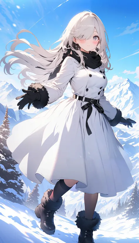 1girl, solo, long hair, breasts, looking at viewer, blush, long sleeves, closed mouth, jewelry, standing, full body, white hair, outdoors, earrings, black gloves, day, black footwear, white dress, hair over one eye, scarf, blue sky, grey eyes, fur trim, bu...