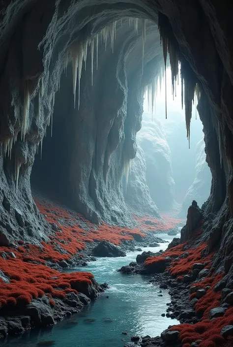  A cave with icosahedral stalactites , with a light gray tint ,  some crystals similar to black quartz tips ,  a stream of crystalline water ,  red moss scattered around the cave and a bit of luminosity