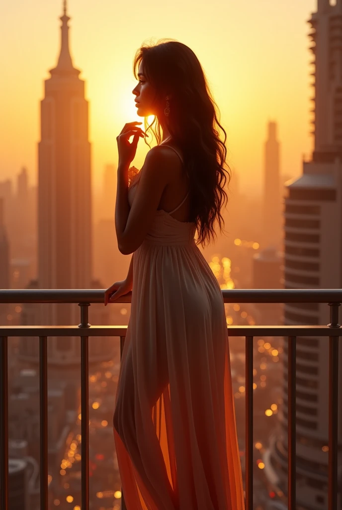 "A hyper-realistic UHD full-body image of Priti standing on a balcony overlooking a futuristic city at sunset. She wears a flowing maxi dress with soft pastel colors, and her hair is gently tousled by the wind. One hand rests on the railing while the other...