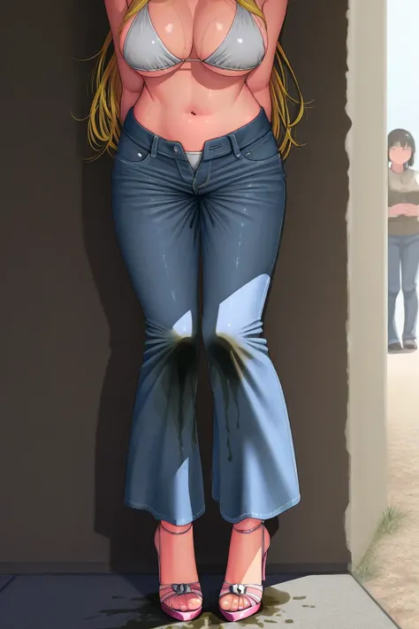 A youthful scandinavian female with dazzling eyes and lovely long hair and forehead with perfect body:1.1 and big breast is standing and (wetting herself:1.5),(urination:1.5), in desperation. She is wearing blue damaged ripped bell bottoms Vintage old dirt...