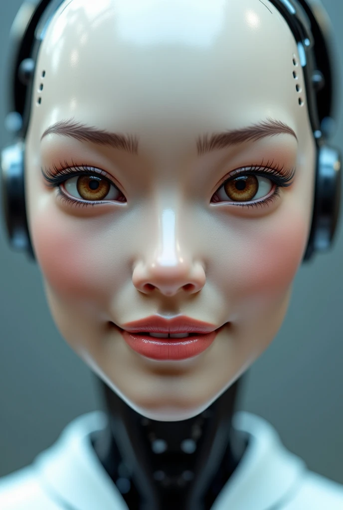  Draw a portrait of a female android robot,  humanoid face, not human,  close-up, high technologies of the future,  very detailed face , bionic brown eyes, Round chin, expressive face, straight nose,  small dimples on the cheeks ,  Masterpiece , 8 k,  real...